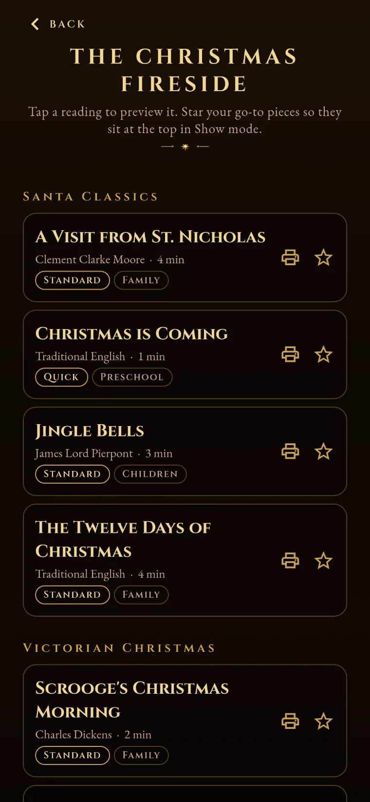 Fireside Stories screen with carols and readings