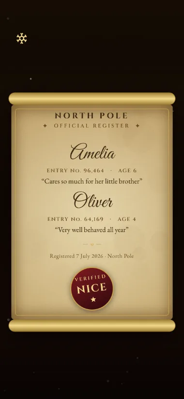The Nice List screen with a child name search
