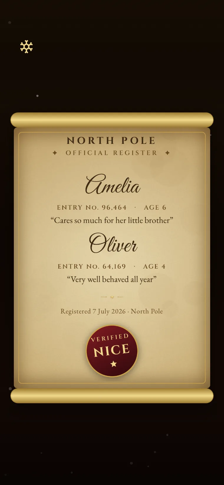 Official Register screen with a child name search